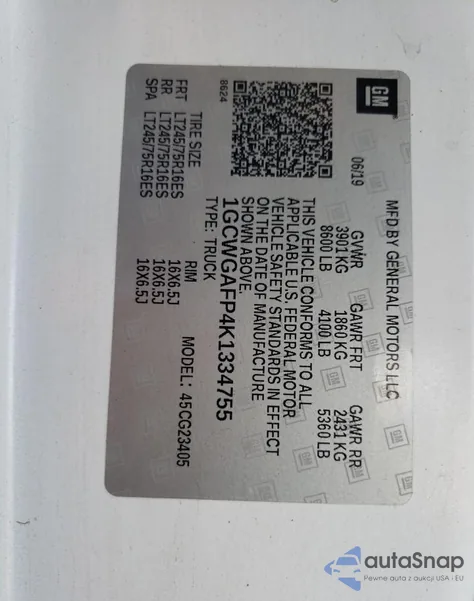 2019 Chevrolet Express G2500 z USA, uszkodzony, nr VIN 1GCWGAFP4K1334755